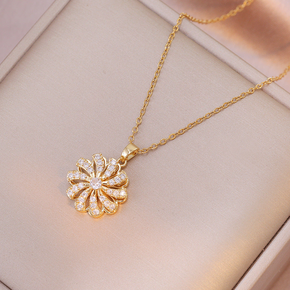 Female Zircon Flower Fashion Titanium Steel Necklace Ring