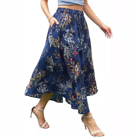 Large Swing Tight Waist Lace Printing Double Pocket Women's High Waist Skirt