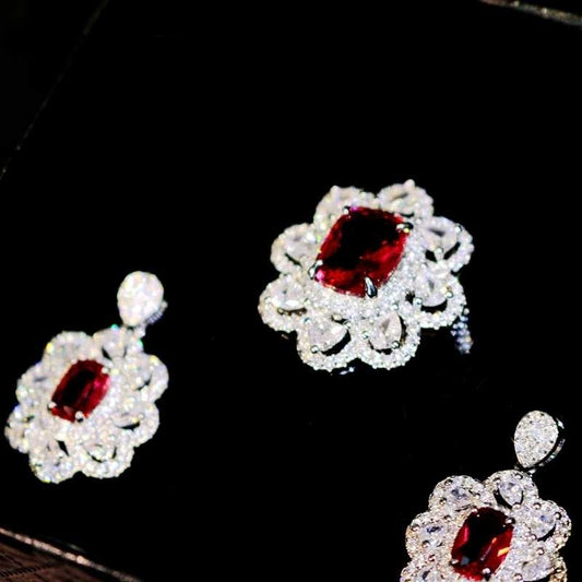 Ruby Ornament Set Three-piece Set Ear Stud And Ring Necklace