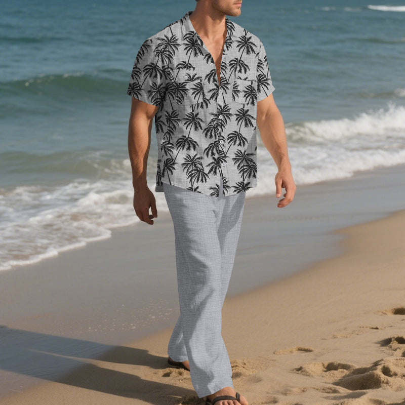Beach Vacation Casual Loose Trousers Two-piece Suit For Men