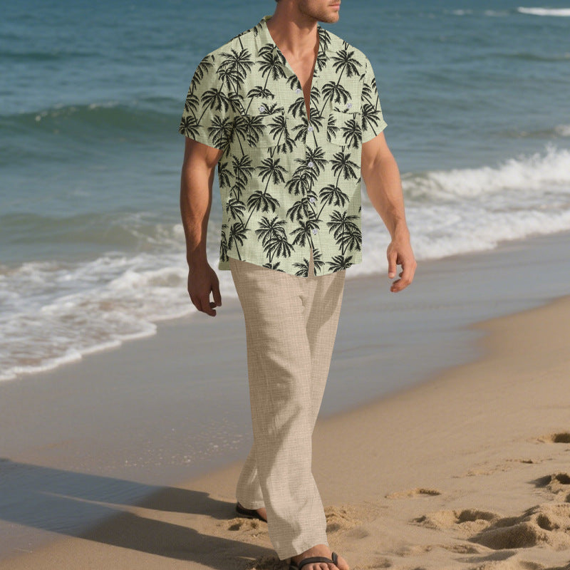 Beach Vacation Casual Loose Trousers Two-piece Suit For Men