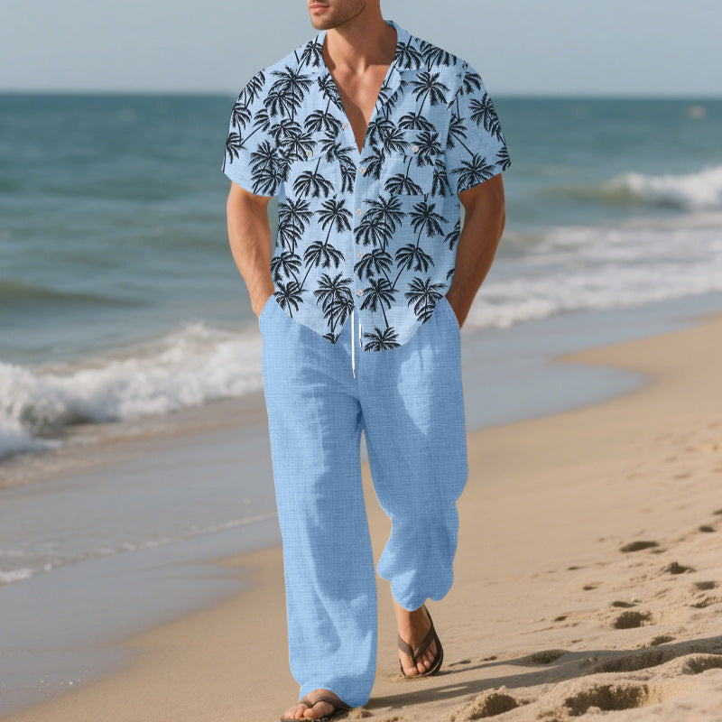 Beach Vacation Casual Loose Trousers Two-piece Suit For Men