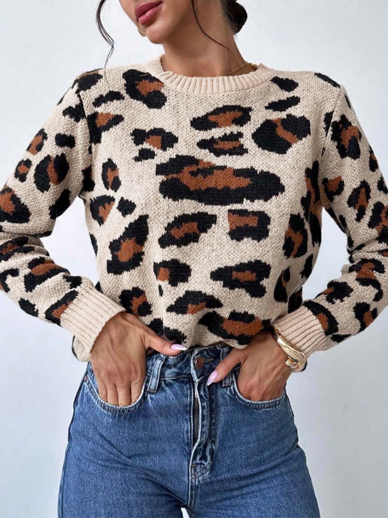Round Neck Retro Commute Leisure Contrast Color Leopard Print Pullover Sweater