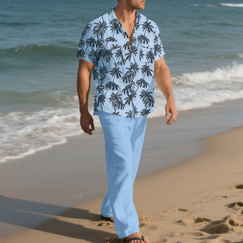 Beach Vacation Casual Loose Trousers Two-piece Suit For Men