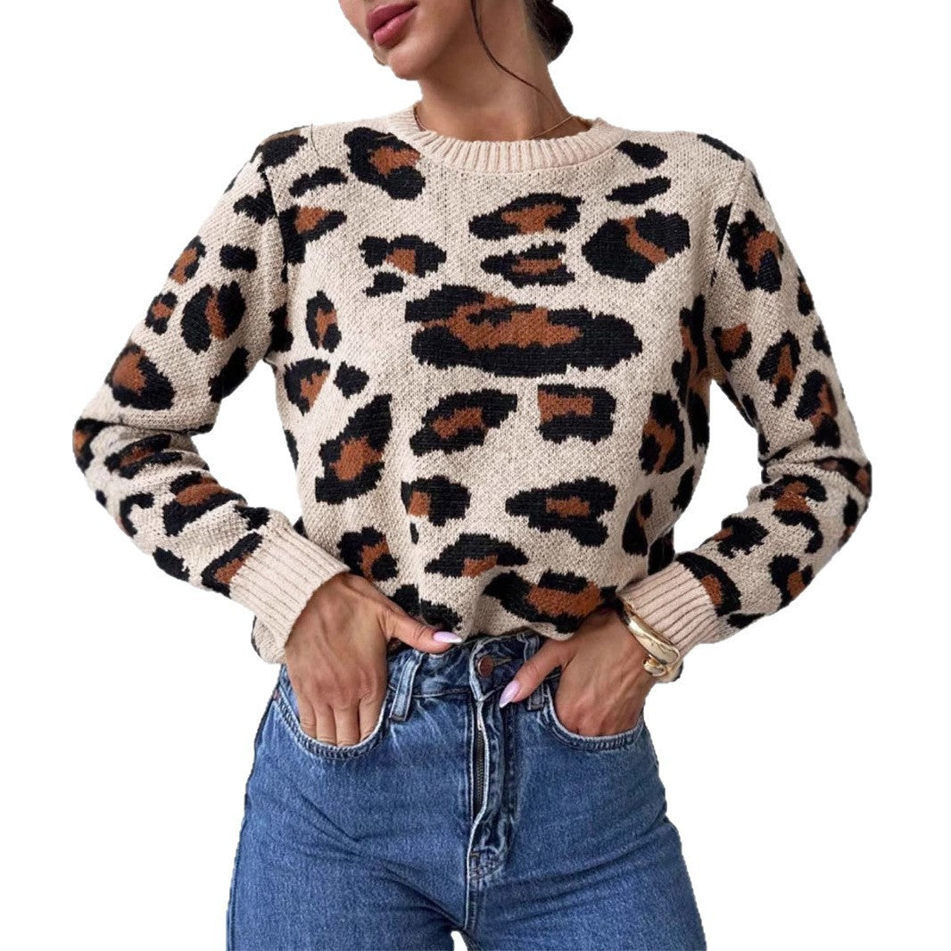 Round Neck Retro Commute Leisure Contrast Color Leopard Print Pullover Sweater