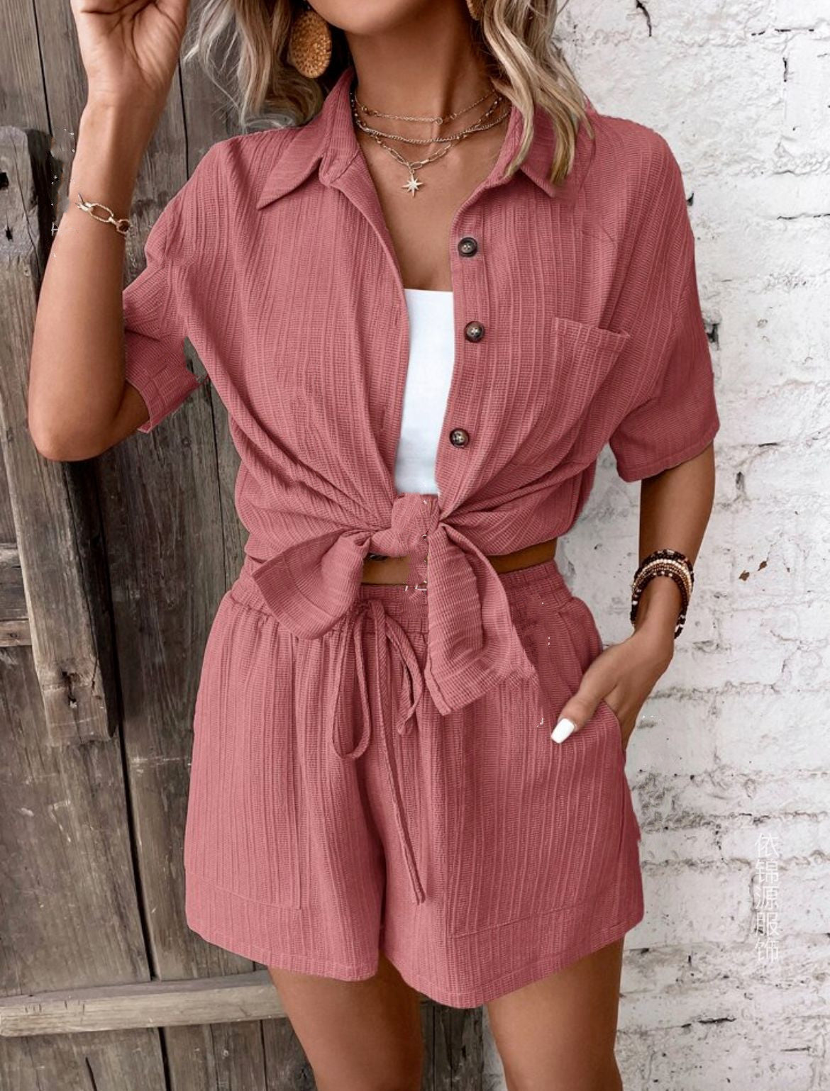 Summer Cardigan Button Short Sleeve Solid Color Shorts Suit