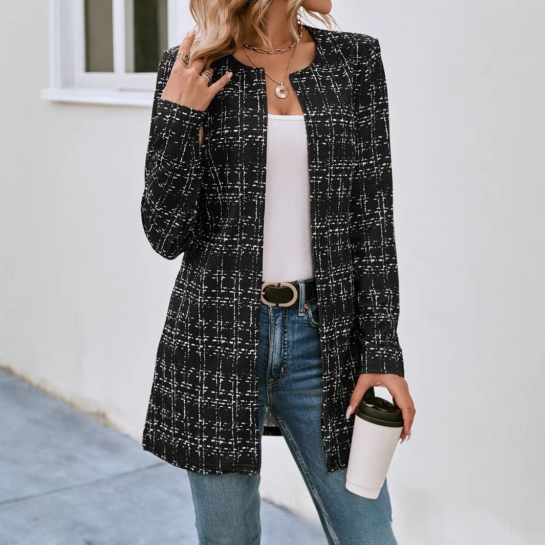 Casual Elegant Plaid Cardigan Crew Neck Coat