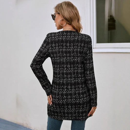 Casual Elegant Plaid Cardigan Crew Neck Coat