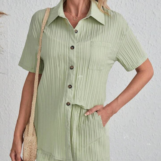 Summer Cardigan Button Short Sleeve Solid Color Shorts Suit