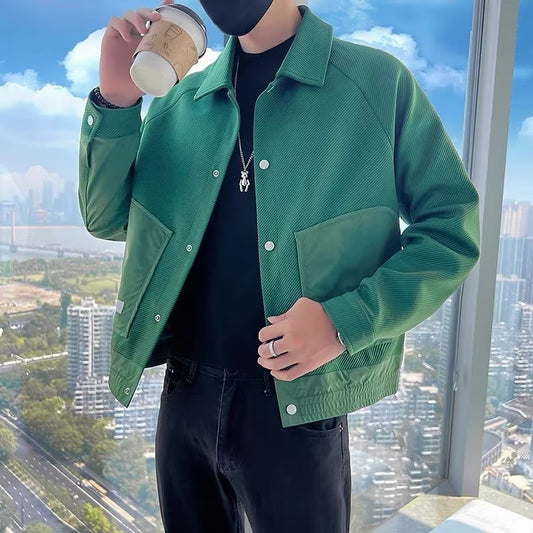 Twill Green Coat Lapel Pu Handsome Jacket