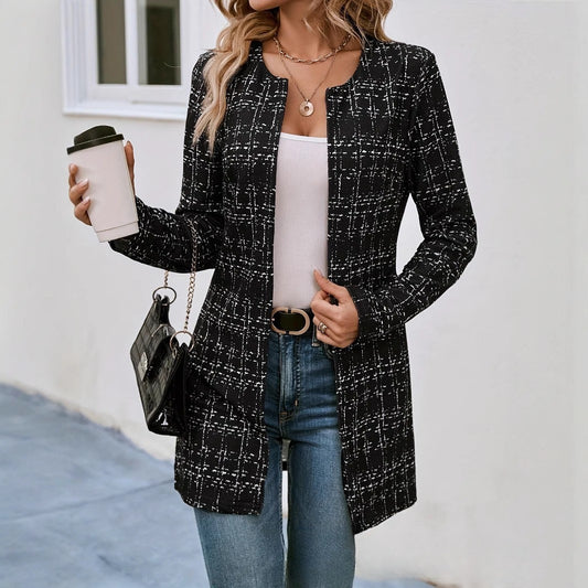 Casual Elegant Plaid Cardigan Crew Neck Coat
