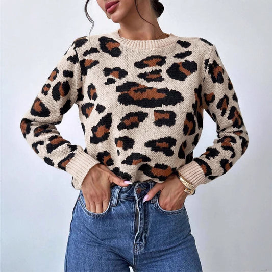 Round Neck Retro Commute Leisure Contrast Color Leopard Print Pullover Sweater