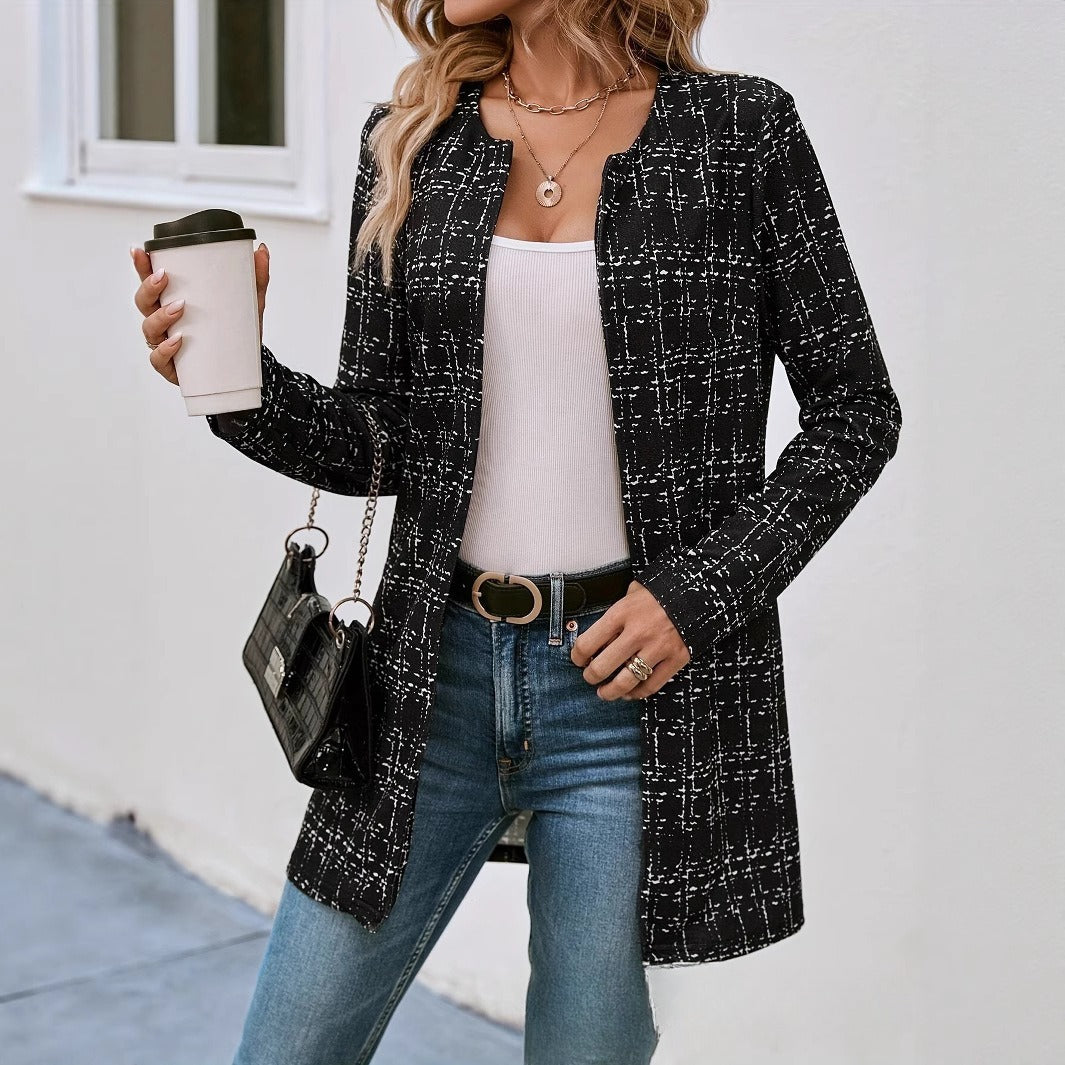 Casual Elegant Plaid Cardigan Crew Neck Coat