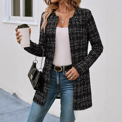 Casual Elegant Plaid Cardigan Crew Neck Coat