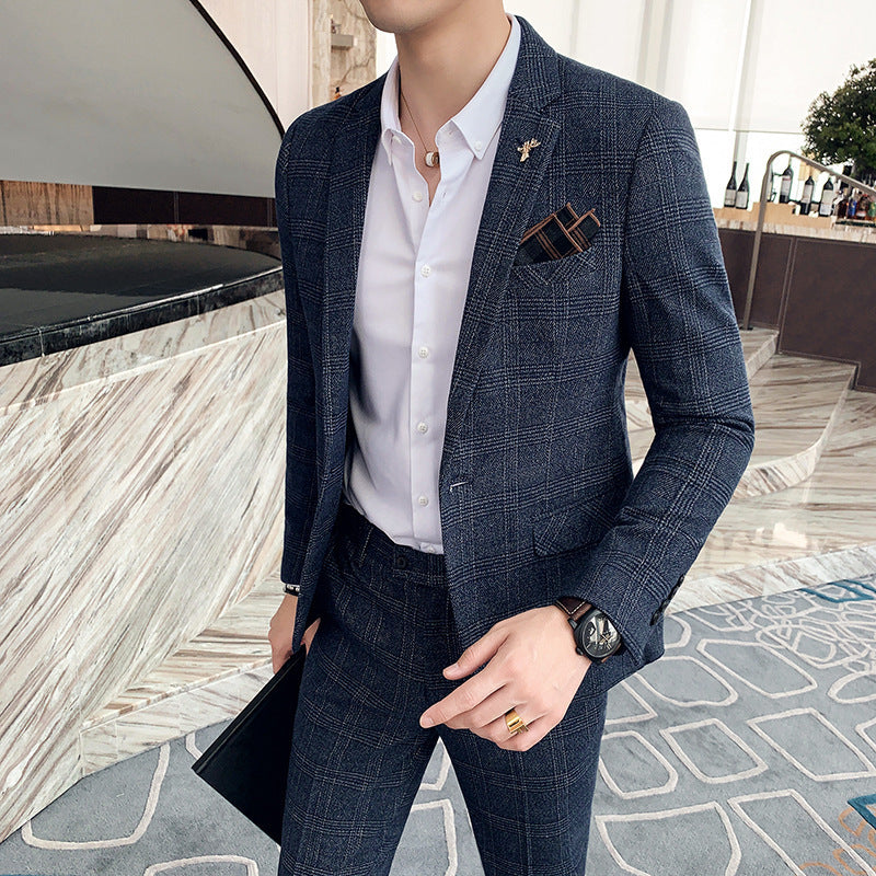 Men's Casual Suit Fashion Plaid Two-piece Set