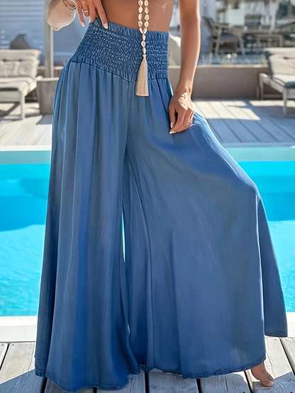 Solid Color High Waist Smocking Ice Silk Wide Leg Trousers
