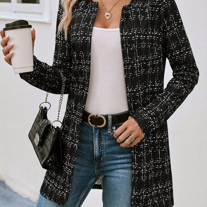 Casual Elegant Plaid Cardigan Crew Neck Coat